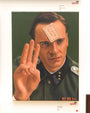 The Scott Mitchell oil painting depicts a man in military uniform holding up three fingers, with Basterd Hunner on a sticky note on his forehead. Its style blends the cinematic flair reminiscent of Quentin vs Coen and echoes themes from Drei Gläser.