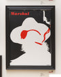 A stylized acrylic poster at Spoke Art Gallery, by Evanimal, features a silhouette wearing a cowboy hat, red pipe, and eye patch. A white revolver is above with Evanimal Marshal inscribed in red at the top left corner.