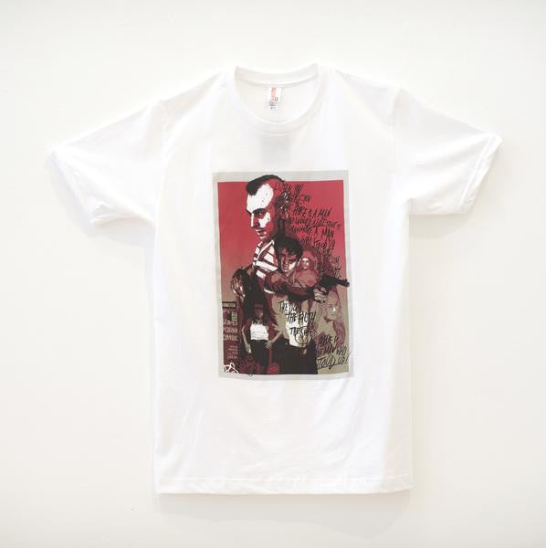 This Grzegorz Domaradzki unisex white T-shirt showcases an artistic illustration of a serious-faced person holding a child against a red background, with stylized handwritten text. Crafted from 100% cotton, it offers both comfort and style inspired by Taxi Driver.