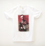This Grzegorz Domaradzki unisex white T-shirt showcases an artistic illustration of a serious-faced person holding a child against a red background, with stylized handwritten text. Crafted from 100% cotton, it offers both comfort and style inspired by Taxi Driver.