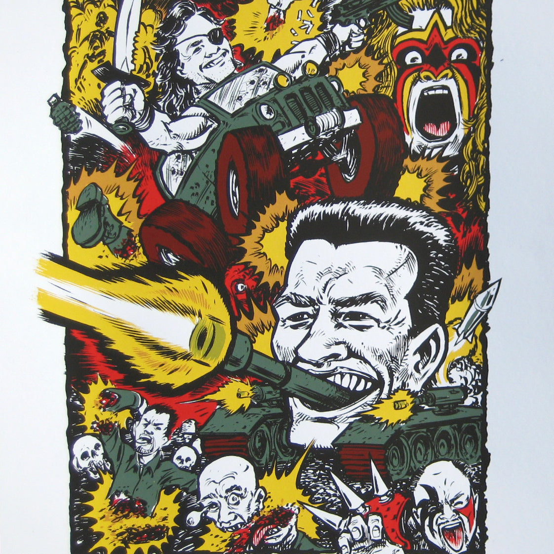 A vibrant screen print by DWITT showcases action movie chaos: a muscular man wields a knife atop a jeep, another fires a big gun, and an intense face yells. Explosions and skulls fill the scene in this signed and numbered edition by Friends of Fubar.