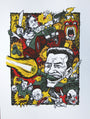 A vibrant screen print by DWITT showcases action movie chaos: a muscular man wields a knife atop a jeep, another fires a big gun, and an intense face yells. Explosions and skulls fill the scene in this signed and numbered edition by Friends of Fubar.