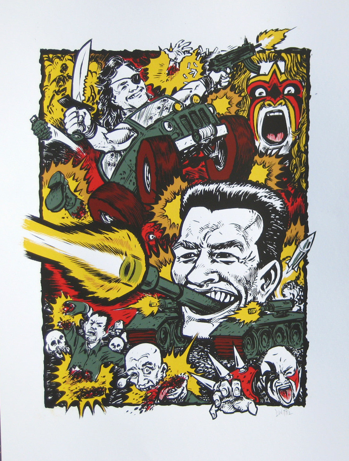 A vibrant screen print by DWITT showcases action movie chaos: a muscular man wields a knife atop a jeep, another fires a big gun, and an intense face yells. Explosions and skulls fill the scene in this signed and numbered edition by Friends of Fubar.