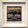 Jessica Hess-inspired framed artwork showcases a vibrant graffiti mural with NO PARKING boldly painted on a wall. Below, Da Da Dumpster displays a stylized skull, while the background features windows with black and white face portraits.