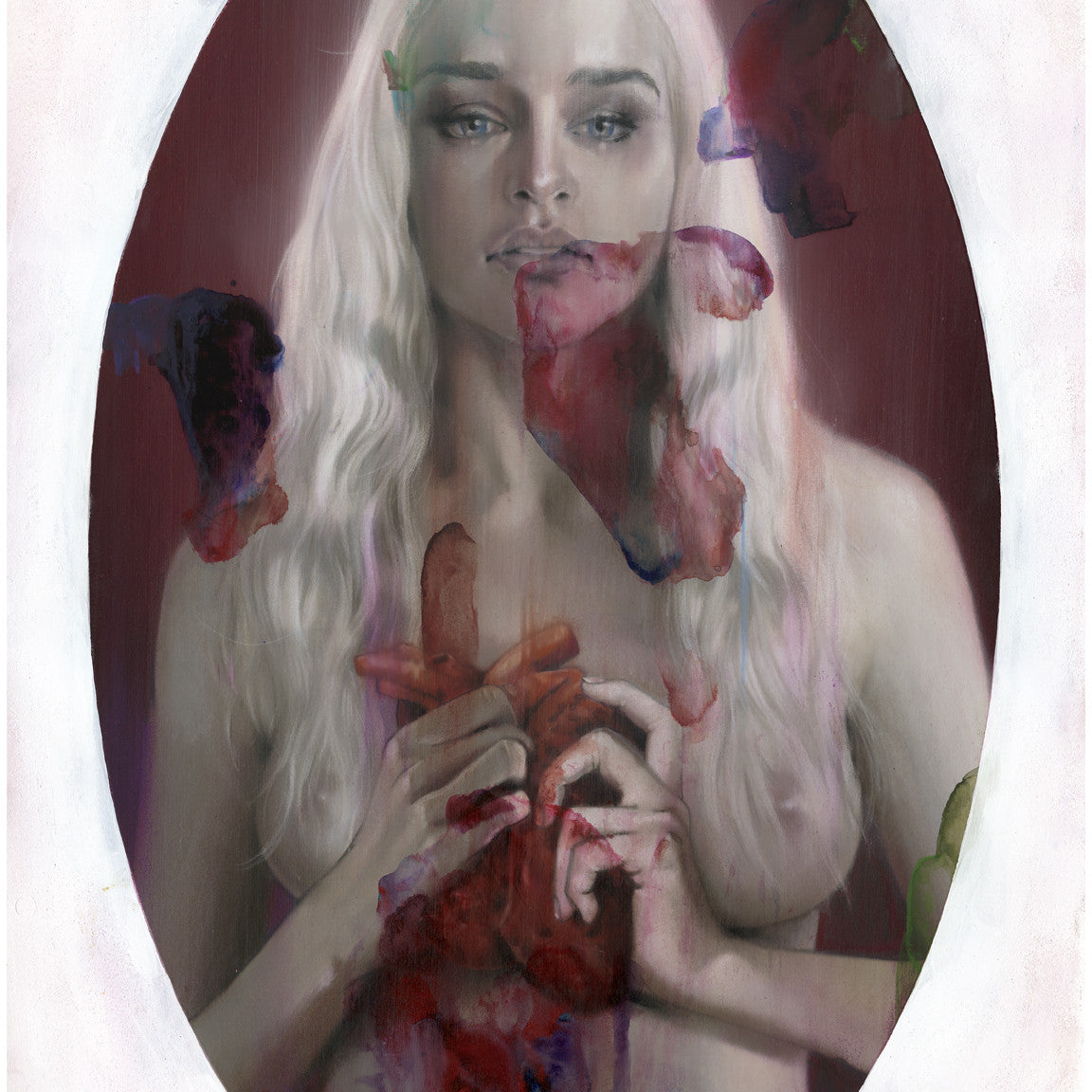 A woman with long white hair holds a red object near her chest against a dark red background with abstract shapes in blue, green, and red. This Erik Jones limited edition giclee print is set in an oval frame, perfect for custom framing to ensure archival protection.