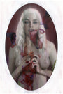 A woman with long white hair holds a red object near her chest against a dark red background with abstract shapes in blue, green, and red. This Erik Jones limited edition giclee print is set in an oval frame, perfect for custom framing to ensure archival protection.