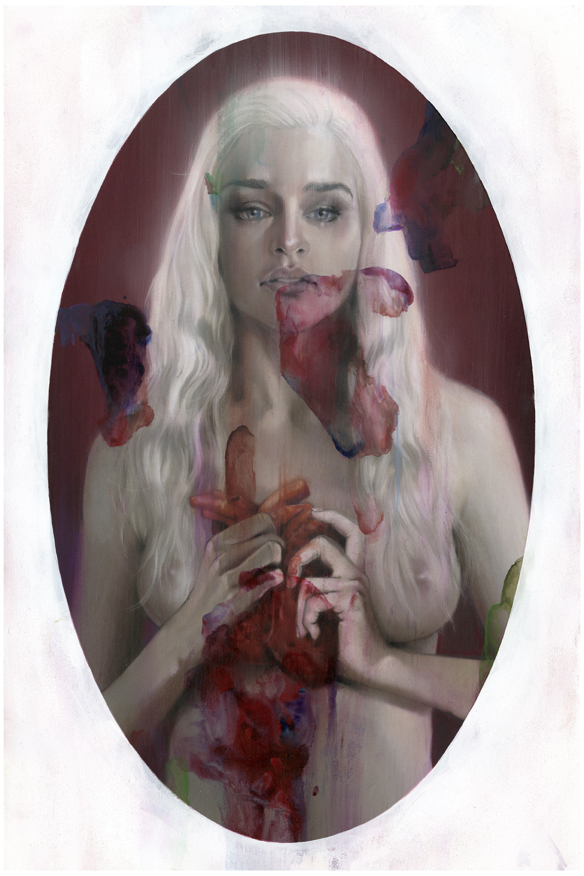 A woman with long white hair holds a red object near her chest against a dark red background with abstract shapes in blue, green, and red. This Erik Jones limited edition giclee print is set in an oval frame, perfect for custom framing to ensure archival protection.