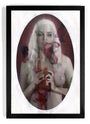 Erik Jones offers a limited edition giclee print featuring a woman with long white hair, depicted with a neutral expression. She holds vibrant, abstract floral elements against a soft background, all within an oval frame and comes with archival protection for lasting vibrancy.