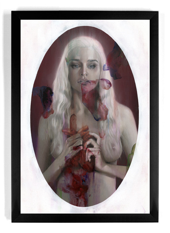 Erik Jones offers a limited edition giclee print featuring a woman with long white hair, depicted with a neutral expression. She holds vibrant, abstract floral elements against a soft background, all within an oval frame and comes with archival protection for lasting vibrancy.