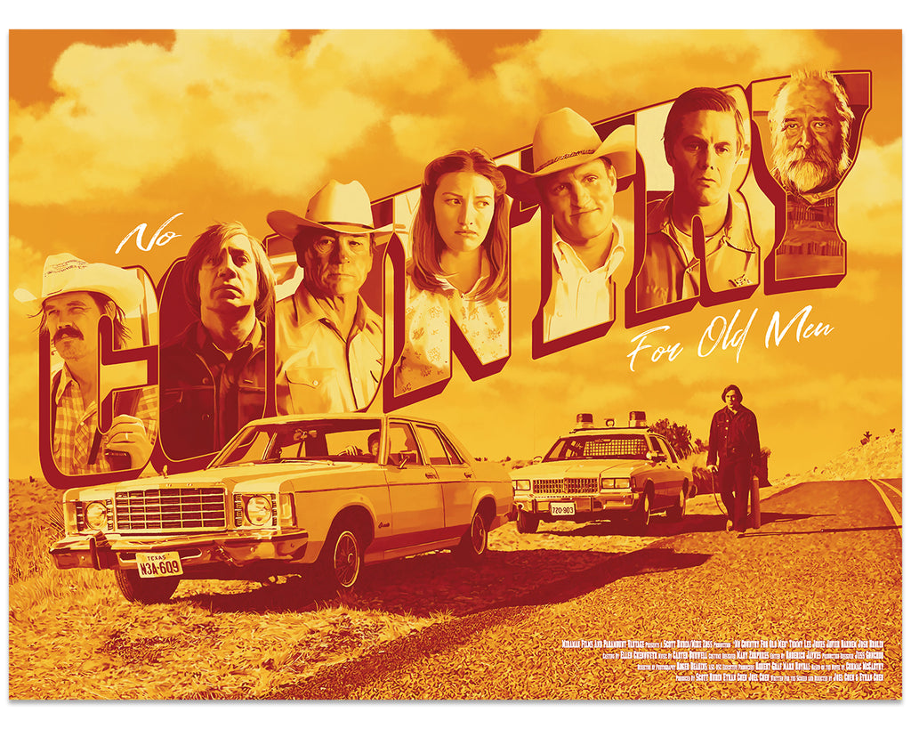 Dakota Randall - main characters from No Country For Old Men within the letters "COUNTRY" with Anton Chigurh walking towards a car with weapon