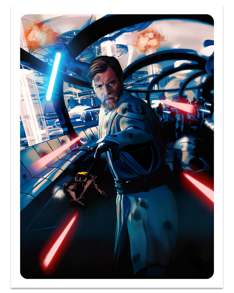 Dakota Randall - Obi-Wan holding blue lightsaber while being shot at by stormtroopers