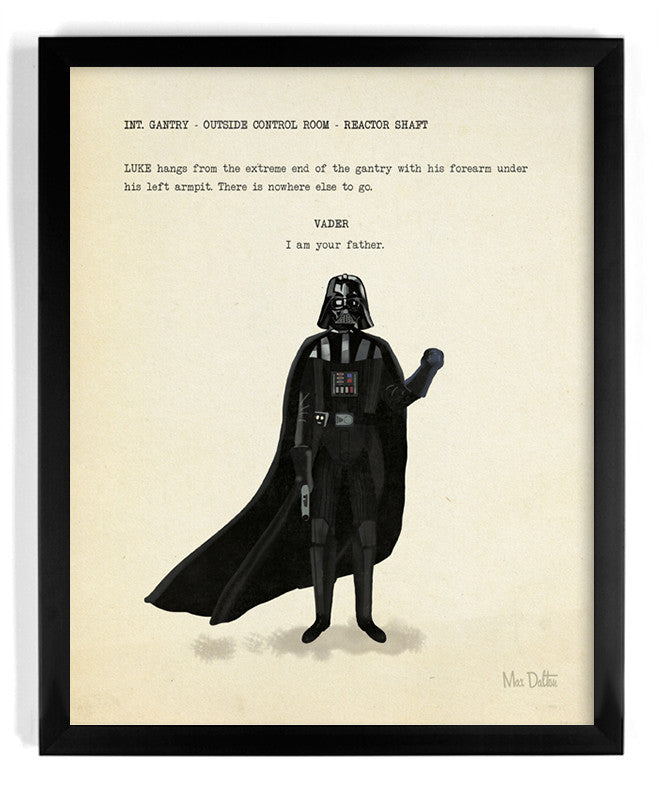 This framed fine art giclee print by Max Dalton features a black-clad figure with a colorful object. Above, text resembling a screenplay excerpt mentions Luke and Vader, including the iconic phrase, I am your father. Its hand-numbered and signed by the artist.