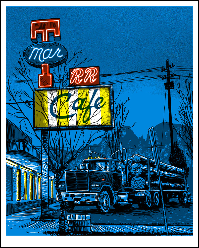 A roadside scene at dusk, inspired by Twin Peaks, features neon Cafe signs and other characters. A log truck is parked nearby in a hand-printed screenprint style, with buildings showcasing illuminated windows in Tim Doyles signature blue hues.