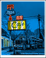 A roadside scene at dusk, inspired by Twin Peaks, features neon Cafe signs and other characters. A log truck is parked nearby in a hand-printed screenprint style, with buildings showcasing illuminated windows in Tim Doyles signature blue hues.
