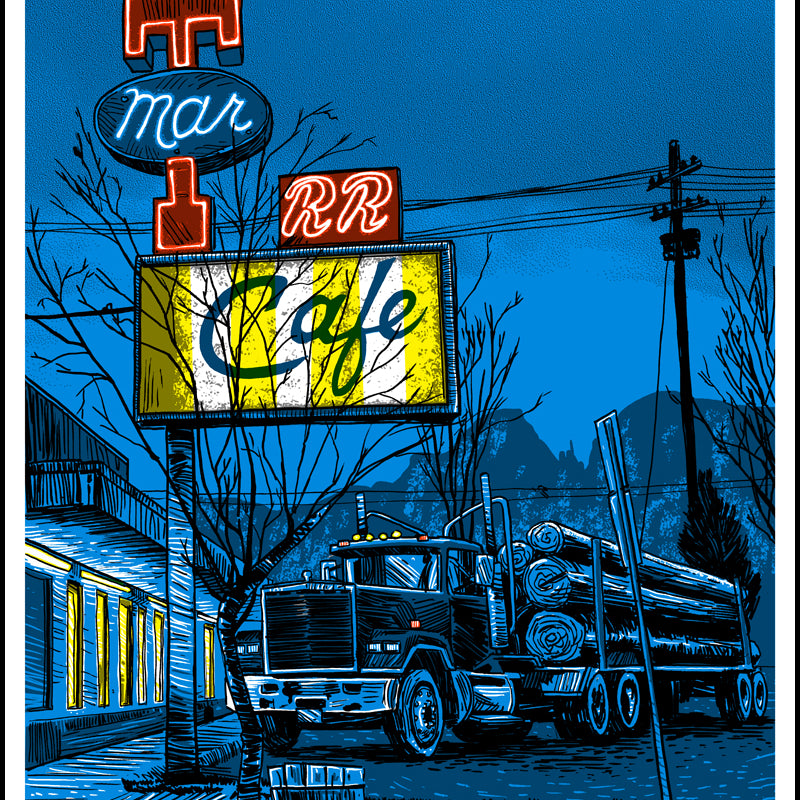 A roadside scene at dusk, inspired by Twin Peaks, features neon Cafe signs and other characters. A log truck is parked nearby in a hand-printed screenprint style, with buildings showcasing illuminated windows in Tim Doyles signature blue hues.