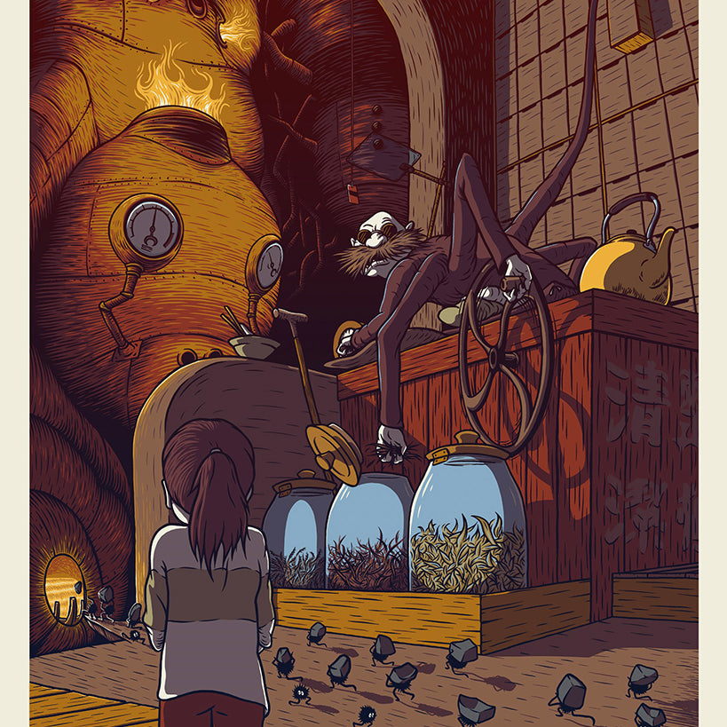 Dan Grissom - "Kamaji, The Boiler Man" Print - artwork featuring Sen and the Boiler Man from Spirited Away