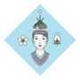 A bun-haired person with a teacup brain is framed by sakura and cotton plants, set against a blue diamond background with Cottonmouth boldly on the right. This artwork is an O-Ren Gicleé reflecting Dan Christoffersons style.