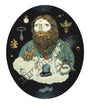 A Dan Christofferson acrylic on canvas depicts a bearded gentleman lord within a circle, juggling symbols like a clock, tie, oak leaves, and bird. A ladder rises from a top hat to clouds with a small deer as his hands gesture artistically, creating an otherworldly vibe.