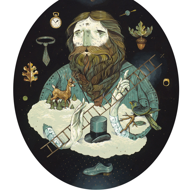 A Dan Christofferson acrylic on canvas depicts a bearded gentleman lord within a circle, juggling symbols like a clock, tie, oak leaves, and bird. A ladder rises from a top hat to clouds with a small deer as his hands gesture artistically, creating an otherworldly vibe.