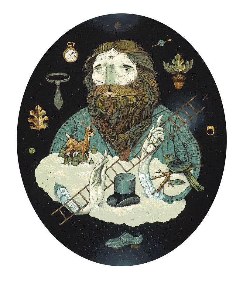 A Dan Christofferson acrylic on canvas depicts a bearded gentleman lord within a circle, juggling symbols like a clock, tie, oak leaves, and bird. A ladder rises from a top hat to clouds with a small deer as his hands gesture artistically, creating an otherworldly vibe.