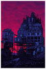 Silhouetted against a vibrant red sky, an intricate dark structure with Victorian and industrial elements towers majestically. Reminiscent of a Daniel Danger screen print for Supersonic Invitational, three small figures in the foreground highlight its grandeur.