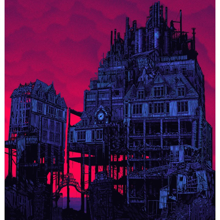 Silhouetted against a vibrant red sky, an intricate dark structure with Victorian and industrial elements towers majestically. Reminiscent of a Daniel Danger screen print for Supersonic Invitational, three small figures in the foreground highlight its grandeur.