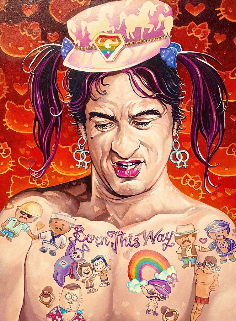 Dave MacDowells vibrant artwork features a character with pink pigtails and a matching hat decorated with horses. Their tattoos, like figures, rainbows, and Born This Way, reflect their lively spirit. The backdrop is red with hearts and Hello Kitty motifs, a tribute to Cape Queer.