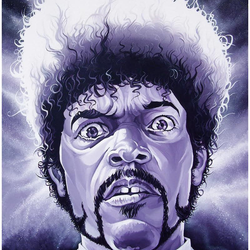 A Dave MacDowell limited Giclee Edition features a fine art portrait of a man with intense expression and voluminous hair set in a cosmic swirl. The surreal, dramatic style echoes Eraserhead, with purples and whites.