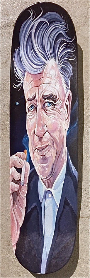 Curated by Spoke Art Gallery, this skateboard deck by Dave MacDowell features an acrylic-painted portrait of a gray-haired man with a cigarette, capturing intricate facial expressions and flowing hair.