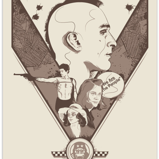 David Moscatis limited edition screen print for a Scorsese art show features a male profile silhouette with bullet holes, alongside a wavy-haired woman. A rifle-bearing figure emphasizes We Are the People in a speech bubble, set against a V-shaped background and map-like texture beneath The Film Foundation emblem.