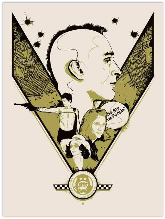 This limited edition David Moscati print features a man with a mohawk surrounded by smaller figures and bullet holes, nodding to Scorsese with elements like a gun, glasses, and mic. A lion badge adds flair, making it perfect for any Spoke Art gallery collection.