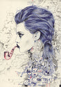 A David Bray-inspired illustration depicts a blue-haired woman smoking a pipe, with her hair blending into skulls, gears, and abstract shapes. Doodles and faint text in blue and red fill the background, highlighting Spoke Arts distinctive style.