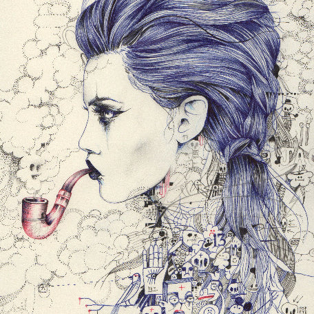A David Bray-inspired illustration depicts a blue-haired woman smoking a pipe, with her hair blending into skulls, gears, and abstract shapes. Doodles and faint text in blue and red fill the background, highlighting Spoke Arts distinctive style.