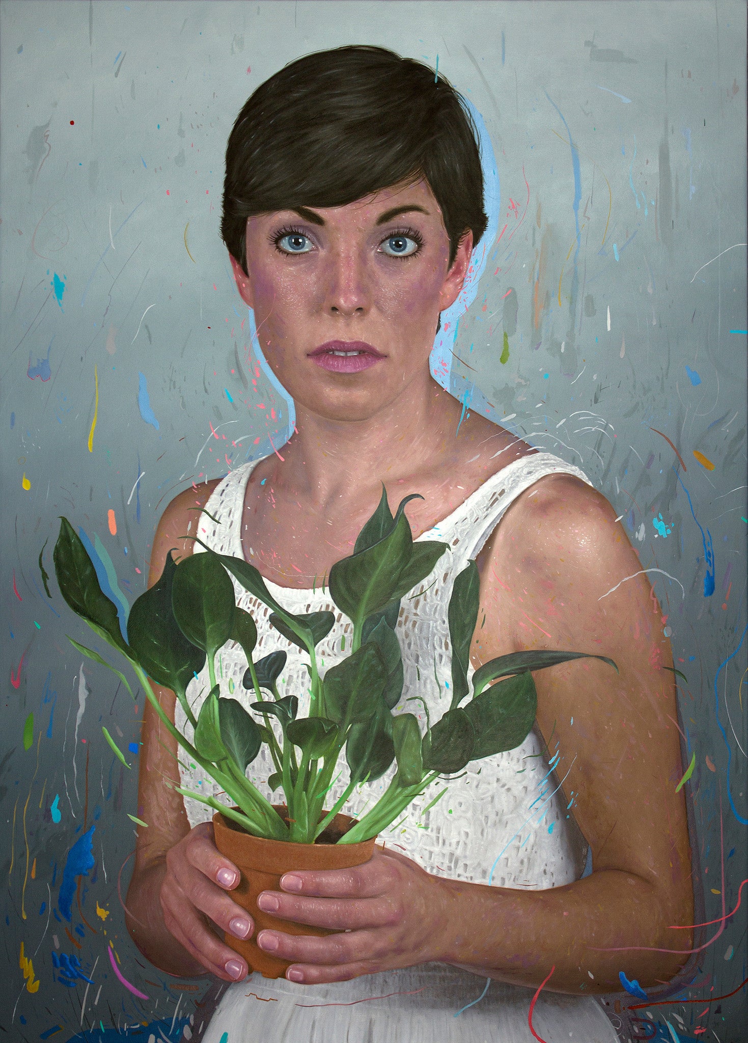 A woman with short dark hair in a white dress cradles a potted plant against an abstract backdrop of colorful splatters. This oil on canvas by David Slone beautifully captures her thoughtful expression, making it a captivating artwork available for sale.