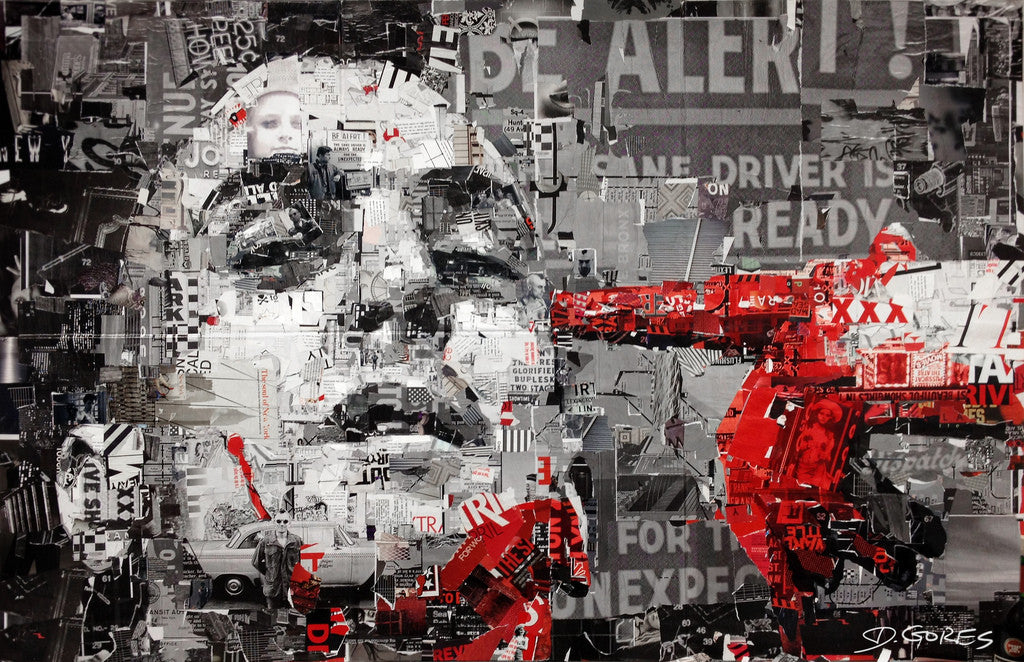 This Derek Gores collage art features a stylized face made from black, white, and gray newspaper clippings. Abstract red highlights form shapes like a hand pointing a gun-like object. Text fragments and layers add texture and chaos to the composition.