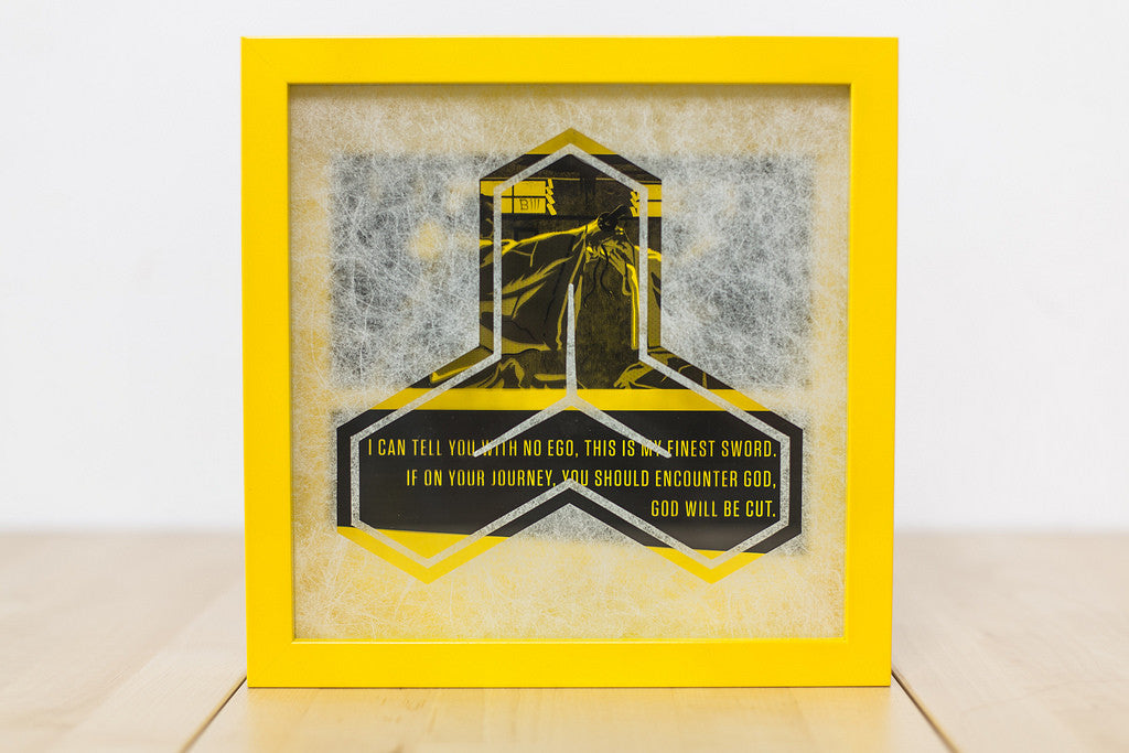 A framed Derek Ballard-style artwork features a yellow border and stylized sword with the text: I can tell you with no ego, this is my finest sword. If on your journey you should encounter God, God will be cut. The textured background reflects the elegance of rice paper stencil designs.