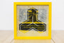 A framed Derek Ballard-style artwork features a yellow border and stylized sword with the text: I can tell you with no ego, this is my finest sword. If on your journey you should encounter God, God will be cut. The textured background reflects the elegance of rice paper stencil designs.