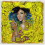 A woman with blue and black hair gazes through vivid yellow doodles of cartoon characters, hearts, stars, and words like shhh and Love. Titled Diamond Rebel, this surreal acrylic on paper by Serge Gay Jr. masterfully blends vibrant artistic elements.