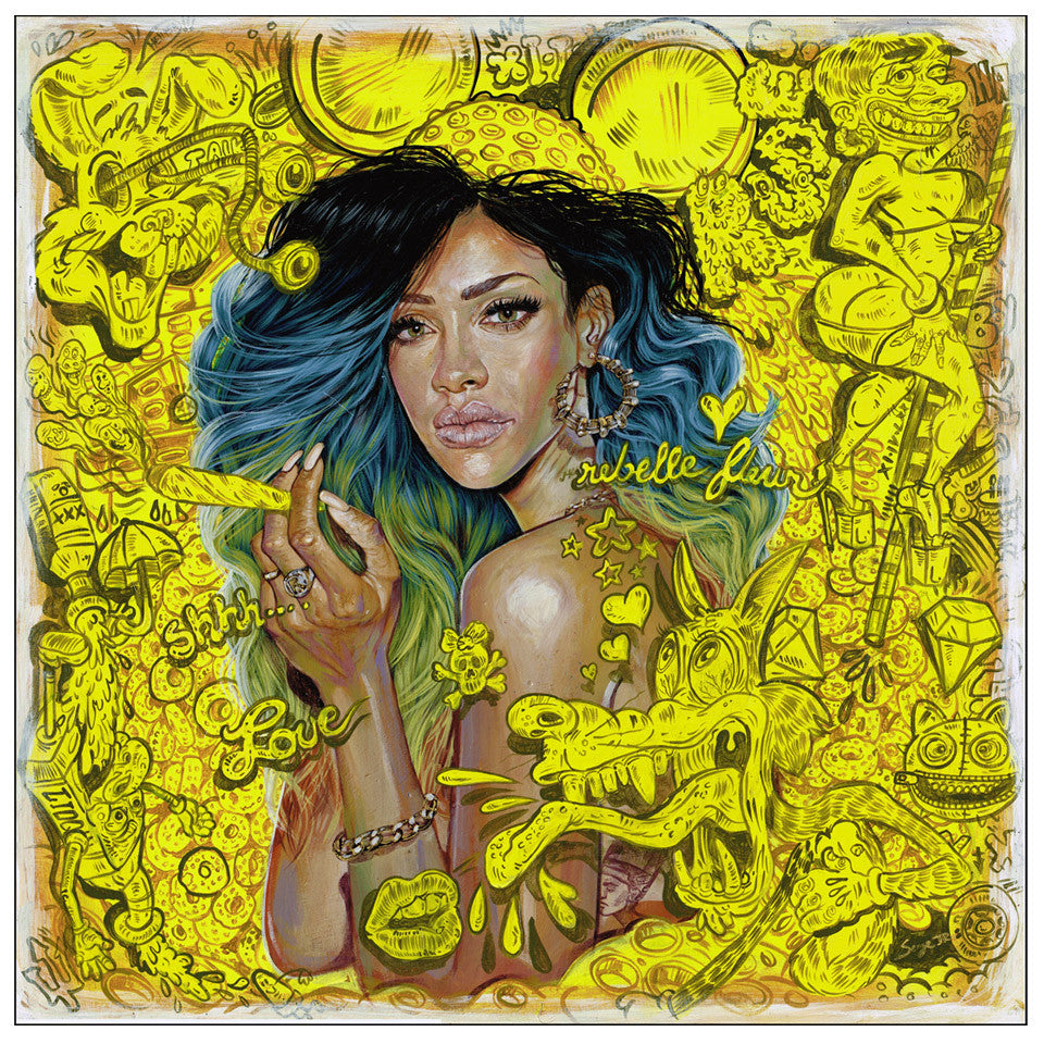 A woman with blue and black hair gazes through vivid yellow doodles of cartoon characters, hearts, stars, and words like shhh and Love. Titled Diamond Rebel, this surreal acrylic on paper by Serge Gay Jr. masterfully blends vibrant artistic elements.