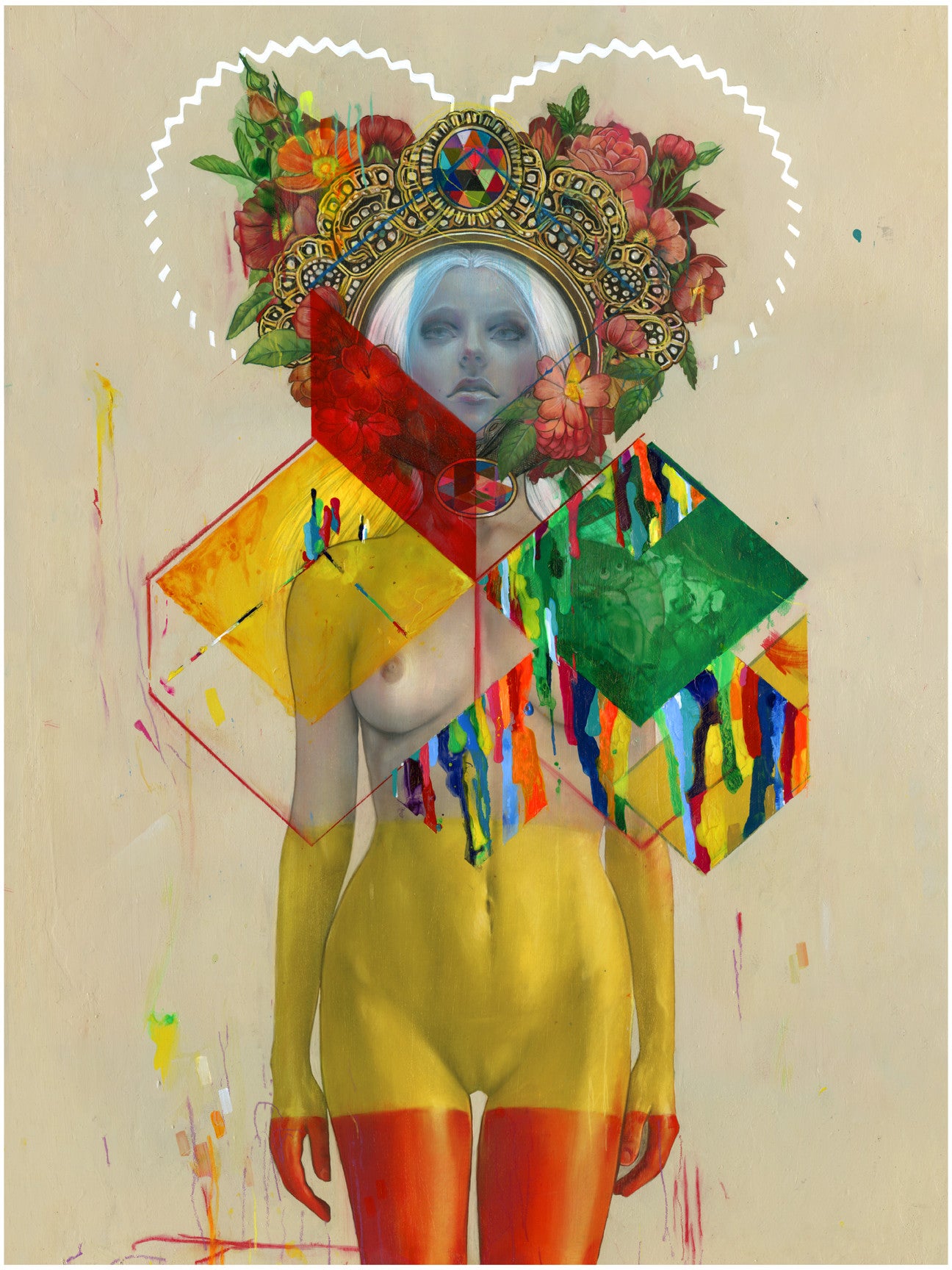 Erik Jones presents a surreal artwork of a woman with yellow body paint adorned with colorful geometric shapes, flowers, and an intricate halo-like design. This limited edition giclee print uses archival Epson HDR inks for vivid detail and depth.