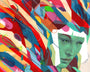 This vibrant abstract artwork by Erik Jones showcases a green-faced individual amidst dynamic streaks of red, orange, blue, and yellow. Geometric shapes blend with lifelike elements to capture a surreal modern aesthetic, popular at San Francisco art fairs.