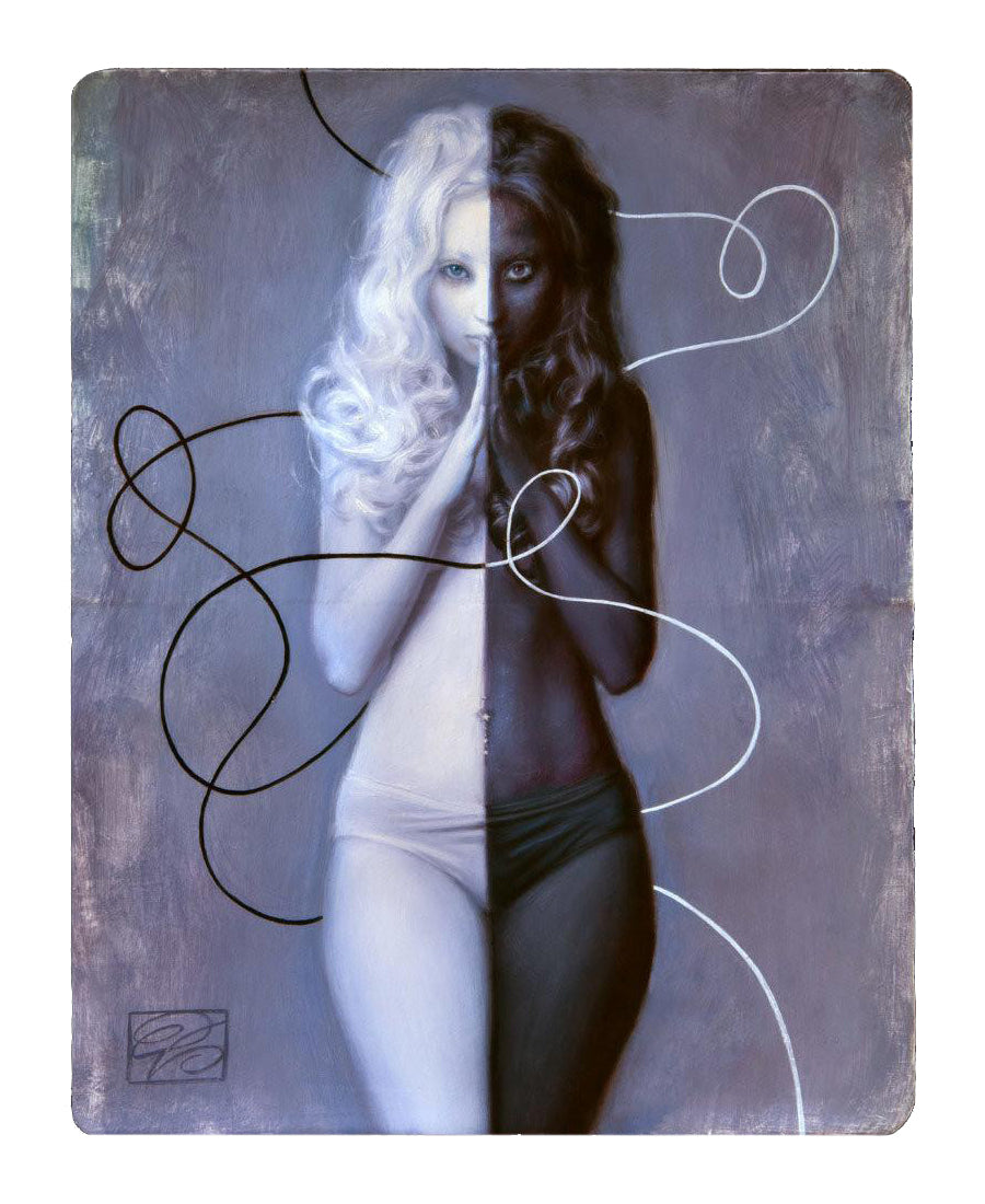 A custom framed oil painting on Moleskine depicts a dual-toned woman with white and black hair, holding her hands in prayer. Wavy lines intertwine around her, enhancing the contrast. Reminiscent of Dorian Vallejos style.
