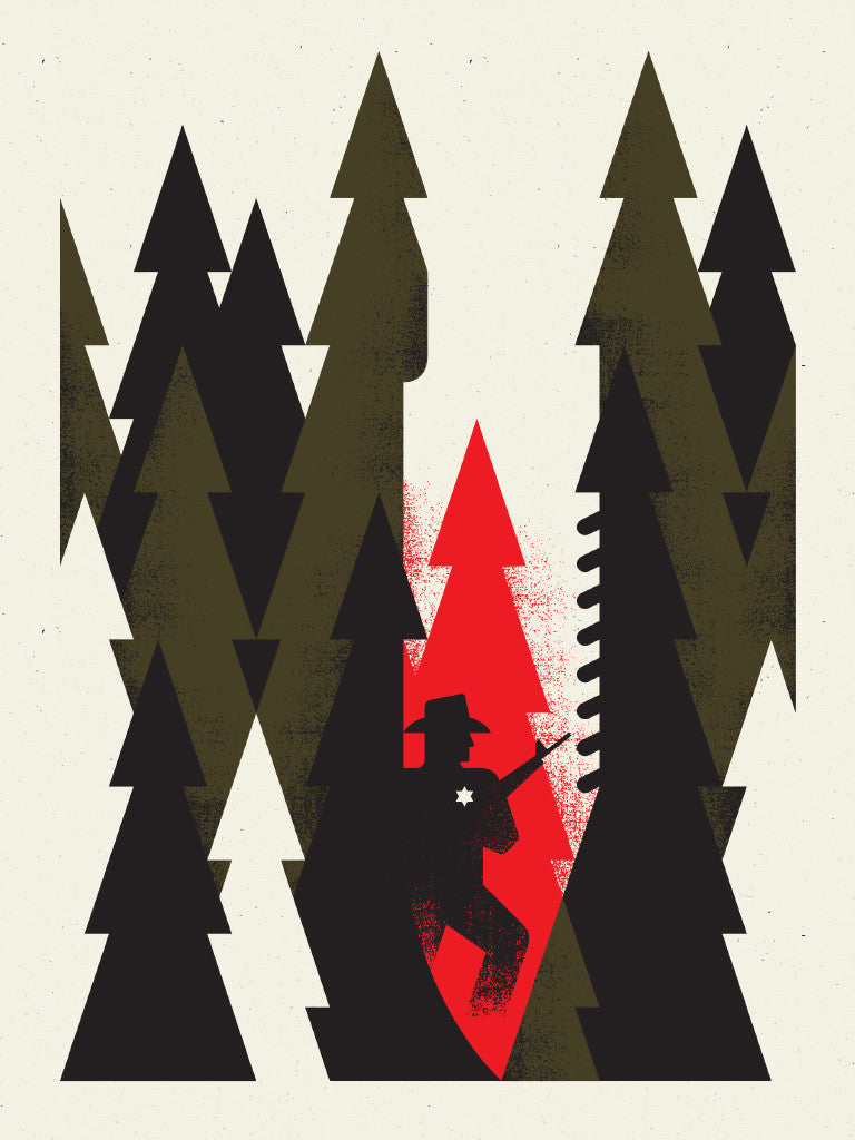 Doublenauts limited edition graphic illustration showcases a cowboy hat-wearing figure with a star badge stealthily moving through a stylized forest. The contrasting dark and red trees highlight the silhouette against vibrant red foliage, akin to an intricate screen print.