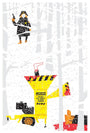 A cartoon cowgirl holding a revolver confidently stands above a vibrant yellow wood chipper with the cheeky sign: Warning: Do Not Put People in Chipper. All is in Doug LaRoccas screen print style, reminiscent of Quentin vs Coen films, surrounded by stylized trees.