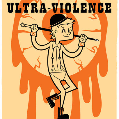 A striking Wanted poster features a cartoon figure in an orange jumpsuit and bowler hat, with the headline ULTRA-VIOLENCE and details of various crimes. A vivid red background highlights the screen prints bold illustration, showcasing Doug LaRoccas intense artistic style.
