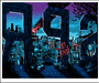 A Tim Doyle artwork shows a city skyline at night with industrial buildings and smokestacks. In the foreground, large wooden R.I.P. letters bear graffiti reading El Hard in bright red. A dark blue, starry sky with distant rising smoke evokes a Springfield screen print.