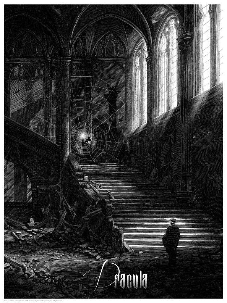 With a dark, gothic interior featuring large arched windows casting light on a grand, crumbling staircase, cobwebs frame a bat silhouette. A limited edition screen print titled Dracula by Nicolas Delort adorns the scene as a lone figure stands at the base of the stairs.