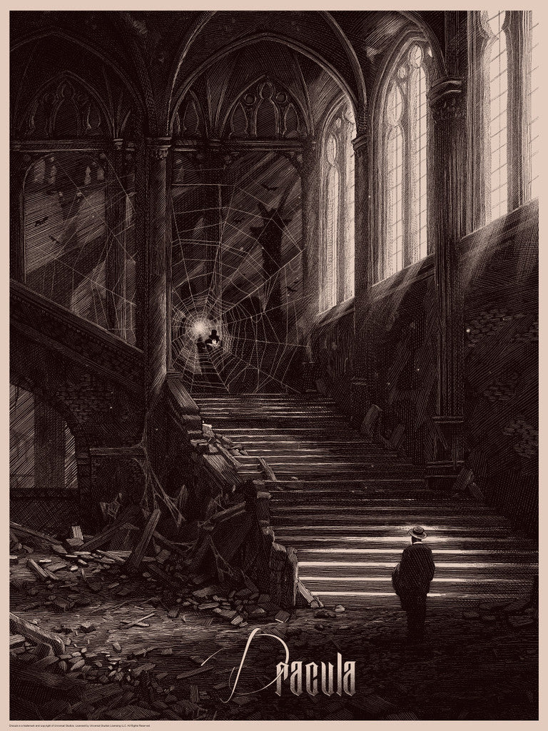 A solitary figure stands at the base of crumbling stone stairs in a gothic castle ruin as sunlight highlights a giant spiderweb with a bat trapped inside. This limited edition screen print, Dracula by Nicolas Delort, is ideal for custom framing.