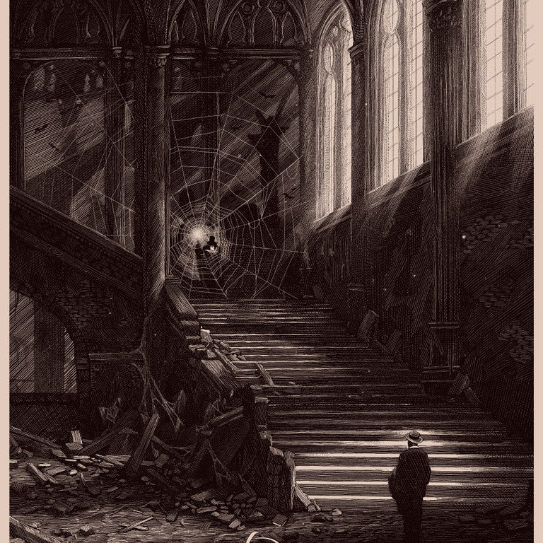 A solitary figure stands at the base of crumbling stone stairs in a gothic castle ruin as sunlight highlights a giant spiderweb with a bat trapped inside. This limited edition screen print, Dracula by Nicolas Delort, is ideal for custom framing.