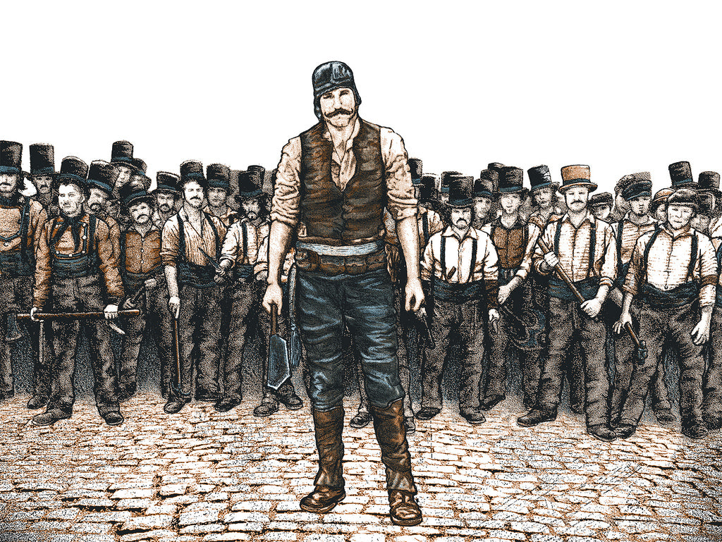 A group of 19th-century men, mostly mustached and in cobblestones, evokes a historic industrial vibe. The front man wears a hat and vest while holding an ax; many others sport suspenders and top hats. This scene resembles Drew Binkleys limited edition screen print or Martin Scorsese art.